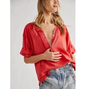 Free People Heritage Henley Slouchy Boxy Knit Shirt Boho Red Small